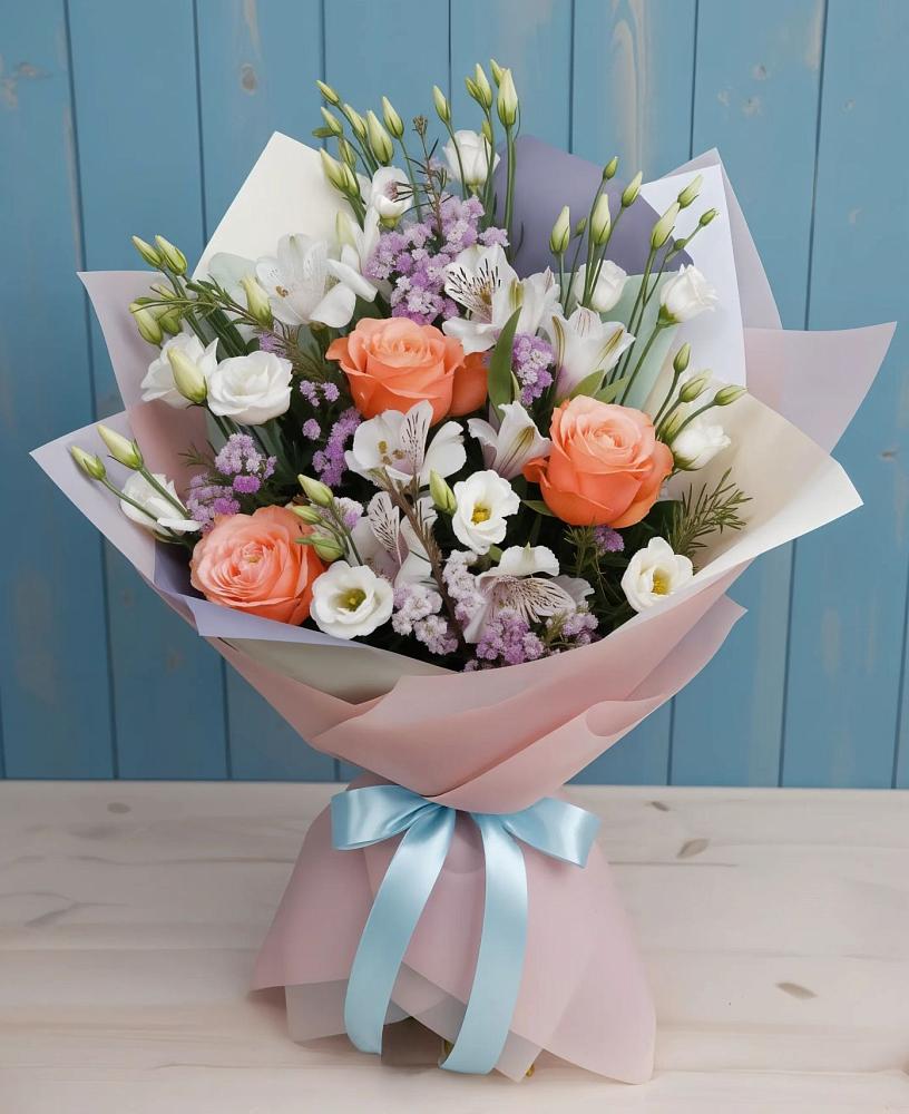 Букет цветов из: Лизиантусы, Розы, Альстромерии и Гипсофила в Подколодновке