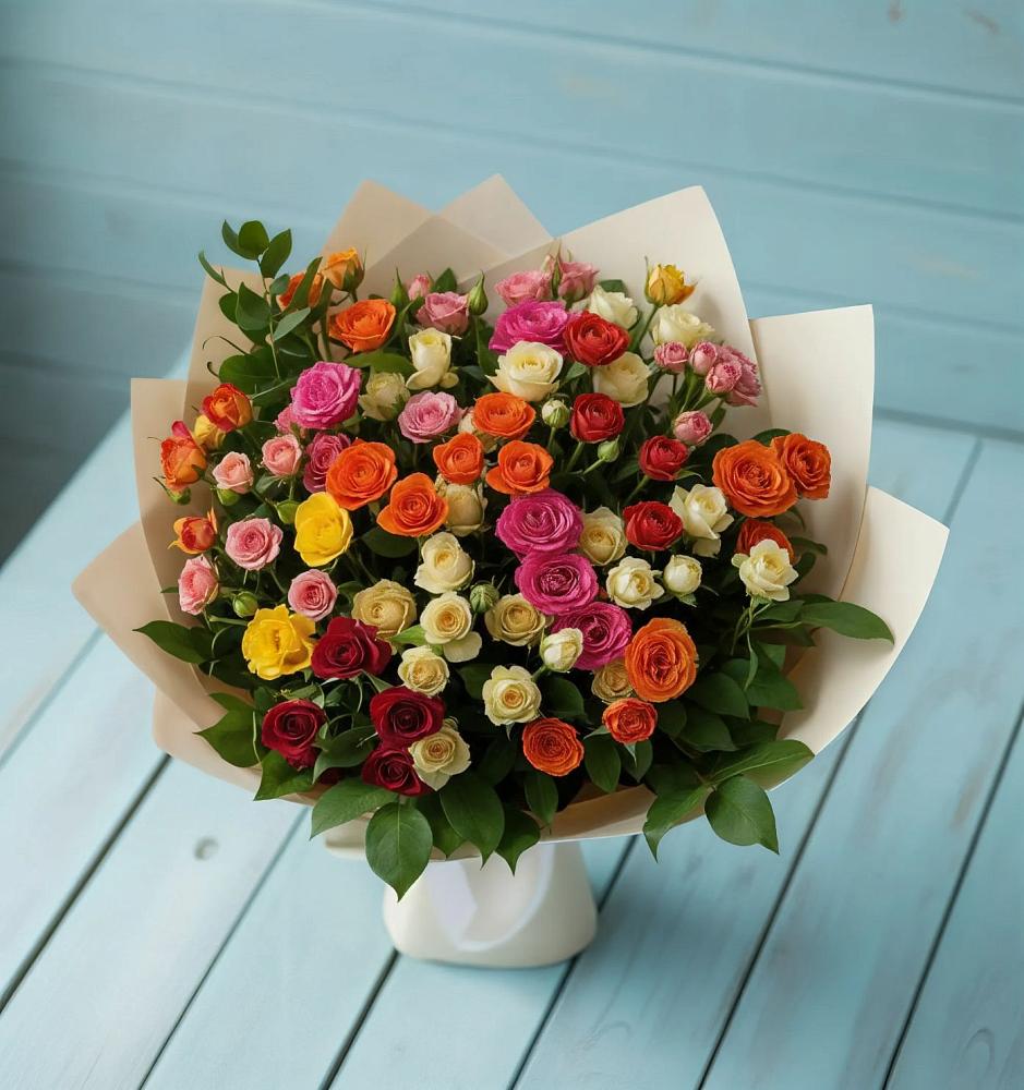 Букет Микс из разноцветных кустовых роз в Подколодновке