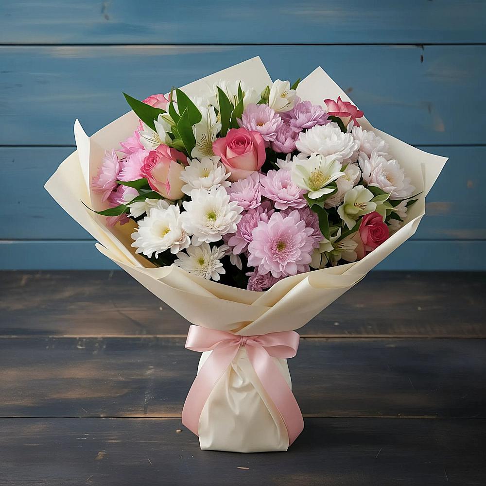 Букет цветов из: Хризантемы, Альстромерии и Розы в Подколодновке